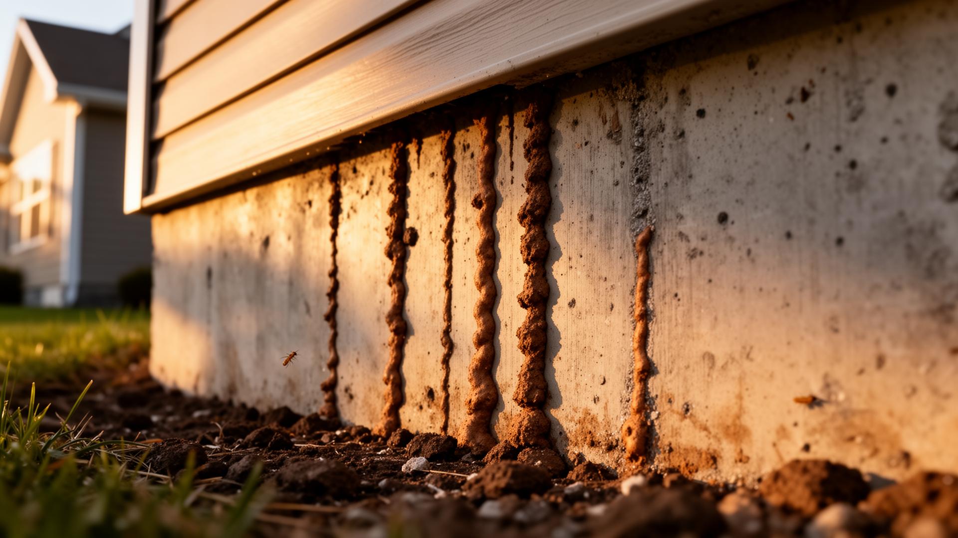 Termite mud tubes running up a home's concrete foundation wall — a key sign of subterranean termite activity