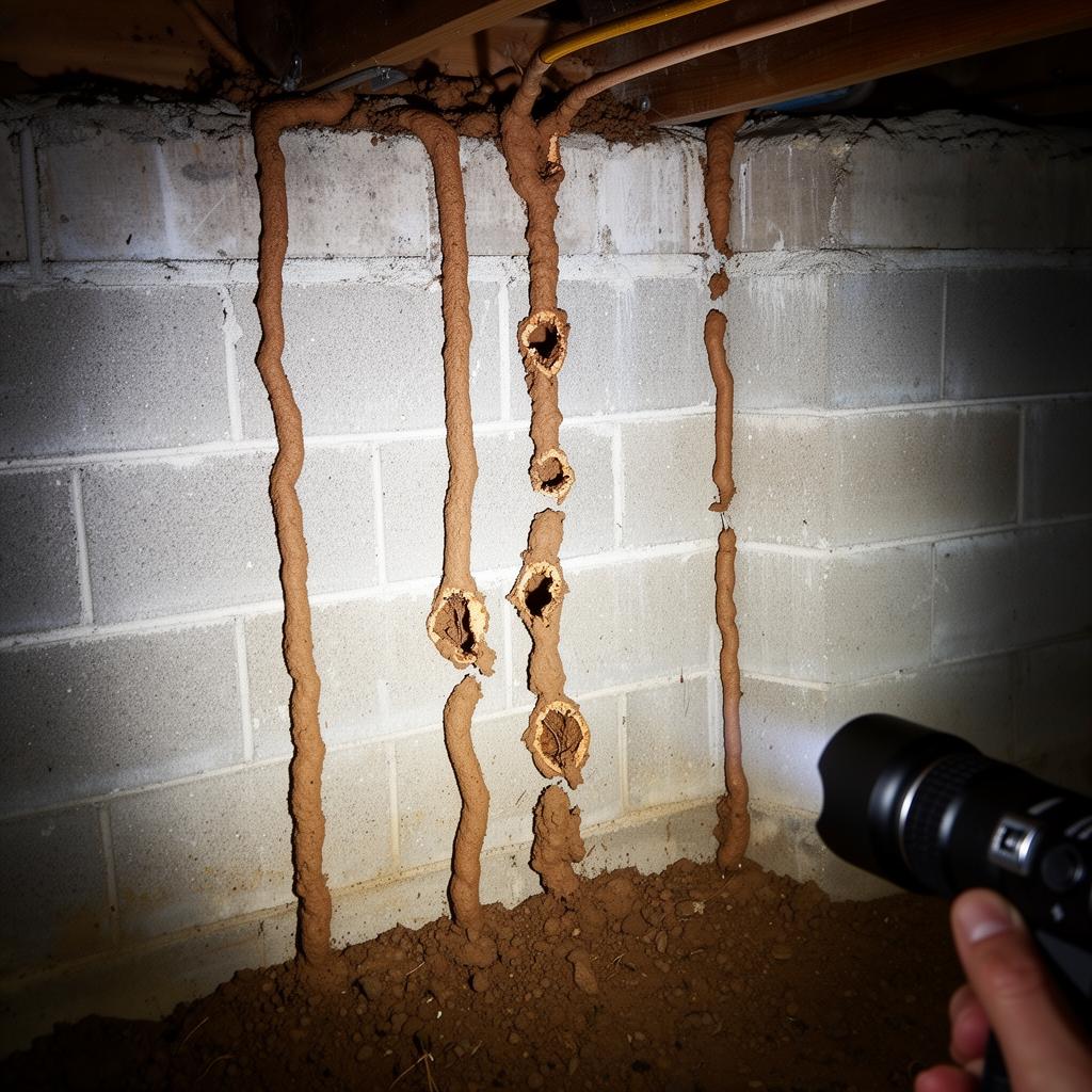 Termite mud tubes running vertically on a basement block wall with some tubes broken open showing hollow interiors