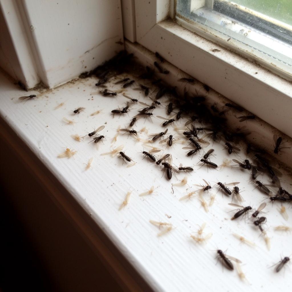 Dozens of termite swarmers and shed wings scattered on a white windowsill inside a home