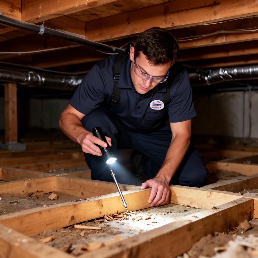 Pest control technician inspecting wood framing in a crawl space during a termite inspection