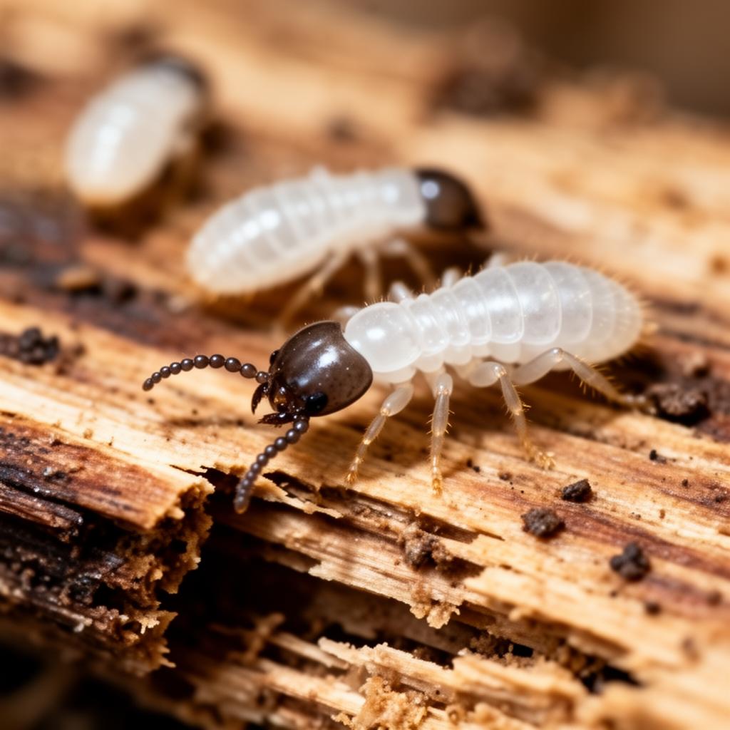 Macro photograph of subterranean termite workers on damaged wood showing translucent white bodies and dark heads
